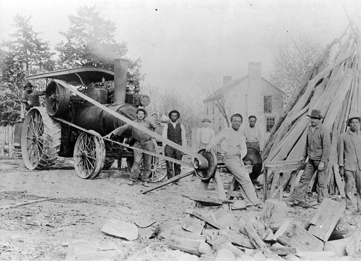 The workers at entrepreneur Daniel Kuhn’s lumber mill harnessed steam power in 1907. Steam power allowed mills to operate anywhere, not just near water, and this operation was located next to the J. Huston Tavern in the heart of Arrow Rock.