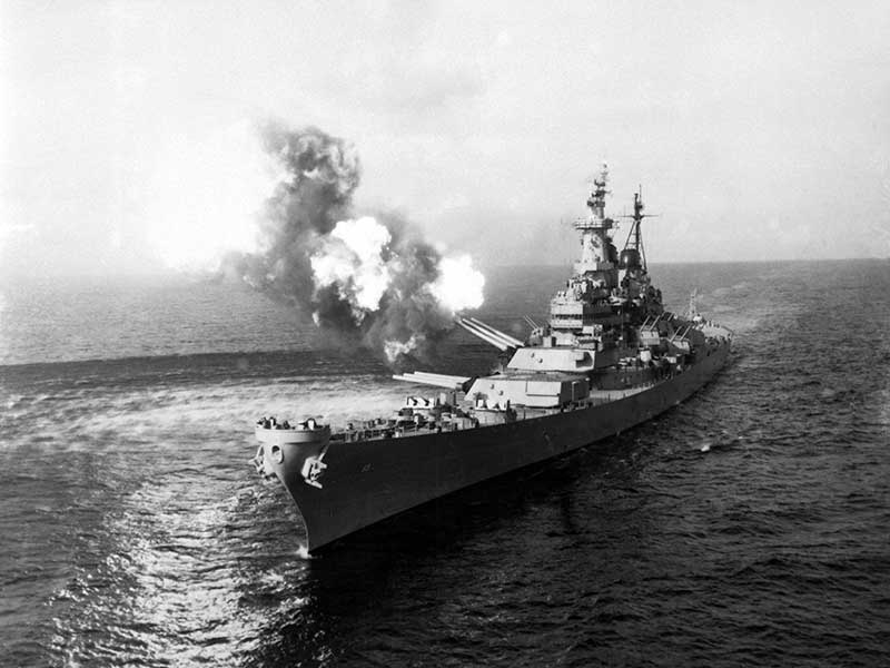 Uss Missouri Fires Salvo From Its 16 Nich Guns At Shore Korean War