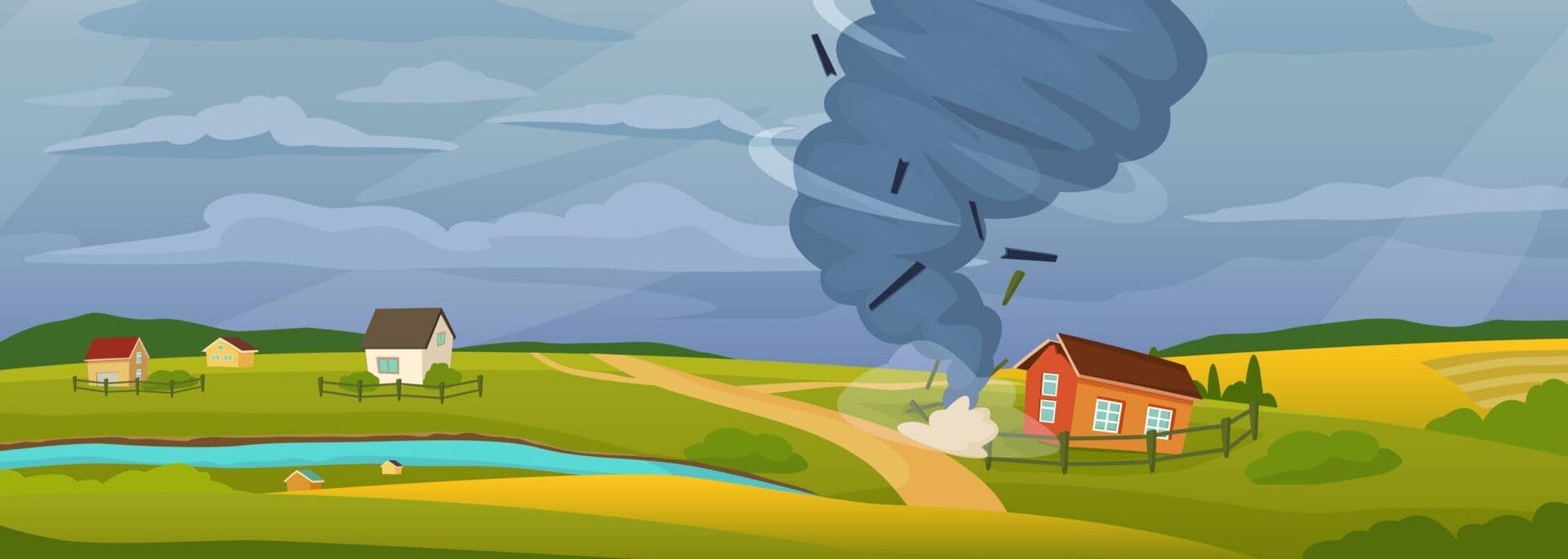 Cartoon Rural Landscape With Tornado, Hurricane Storm Destroying Houses. Whirlwind, Stormy Weather, Natural Disaster Vector Illustration